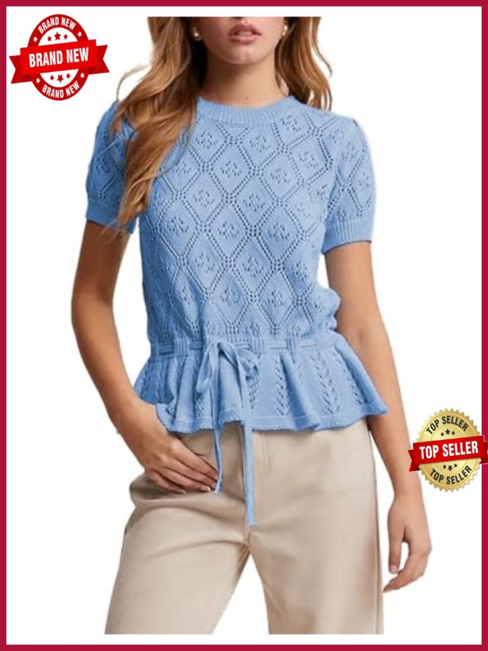 Short Puff Sleeve Peplum Top Pointelle Knit Crewneck Blouse